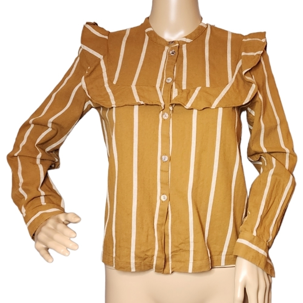 dRA linen/cotton mustard yellow/brown long sleeve blouse.